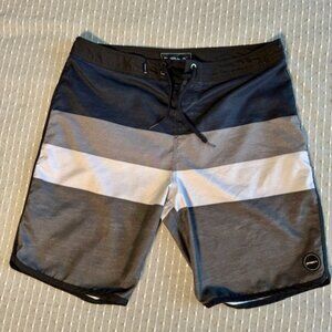 O'Neill Board Shorts swimwear Grey Black White stripes Size 34 Like New